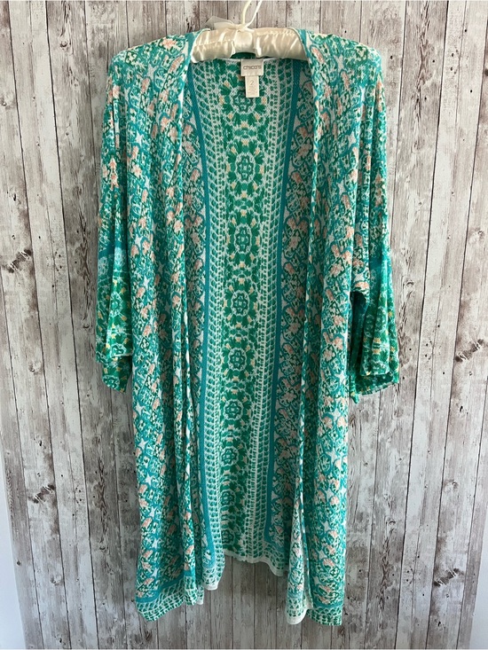 Chico's Sweaters - Chico's Teal Floral Open-Front Tile Cardigan Kimono Coverup 3/4 Sleeve